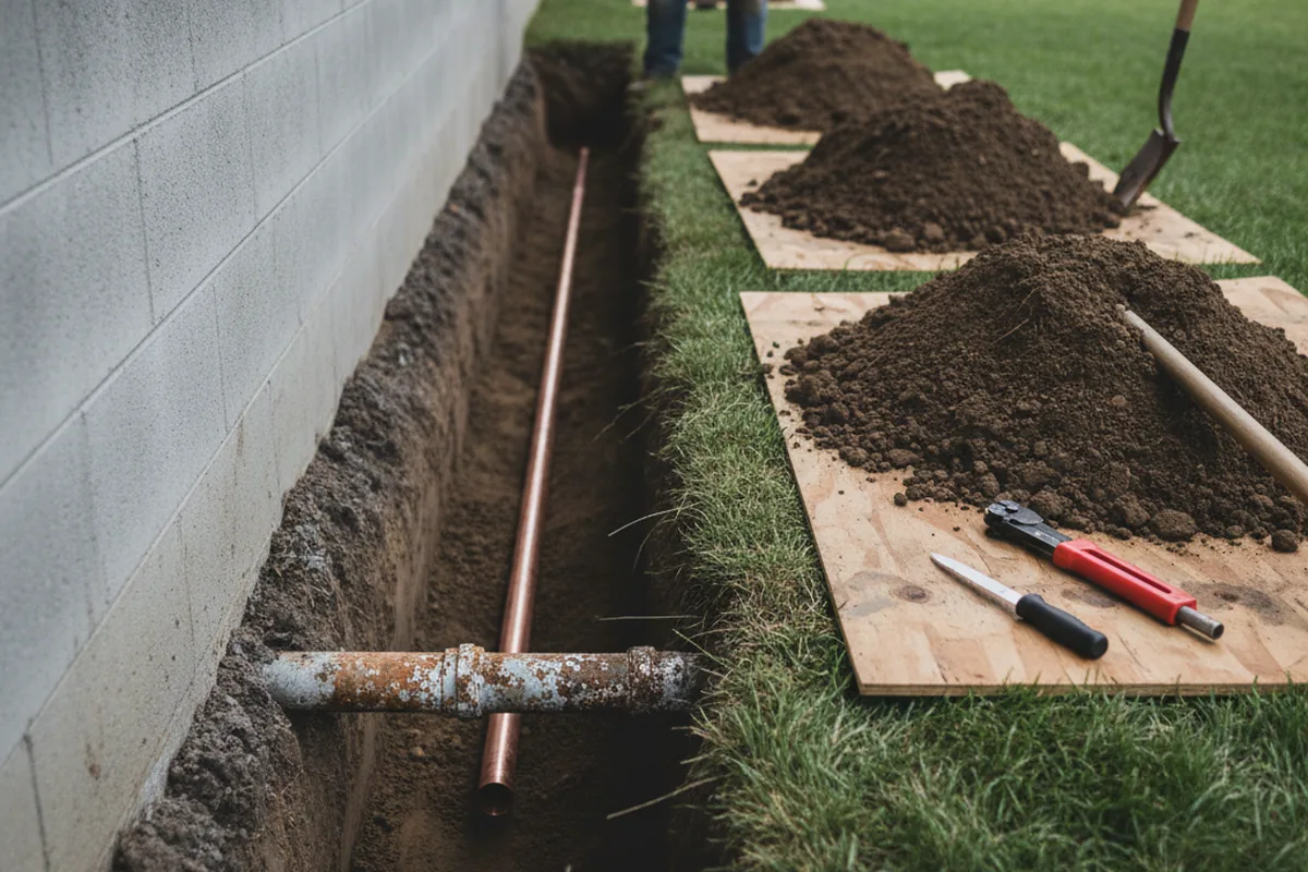 Excavated water line trench during Water Heater Repair in Friendsville